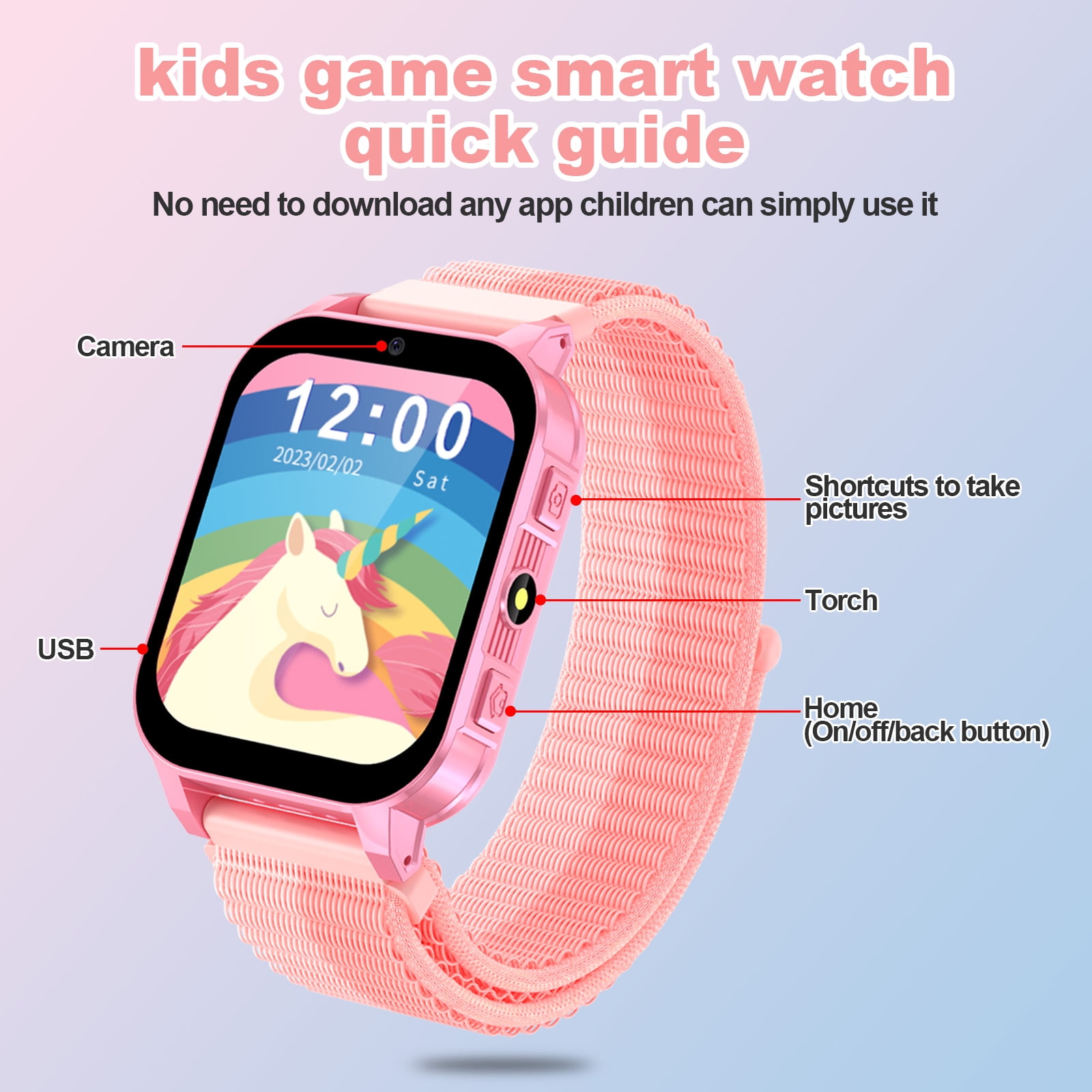 SHANNA Kids Smart Watch for Boys Girls Aged 4-12,  1.83'' HD Touch Screen with 30 Games and 140 Learning Cards, Music Player Camera Pedometer Story Telling, Pink