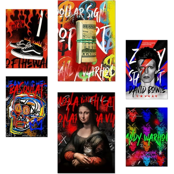 Canvas Poster Unframed Set of 6 Grafiti Pop Mona Lisa Warhol Bowie Basquiat Posters with Design Illustrations to Decorate The Walls of Your Home. Rooms, Office, Shop and Shop A3 and A4 Frameless