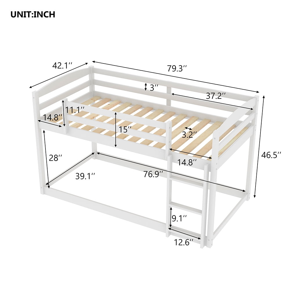 Kadyn Solid Wood Twin Bunk Bed with Ladder and Safety Rail, White Kadyn Solid Wood Twin Bunk Bed with Ladder and Safety Rail, White
