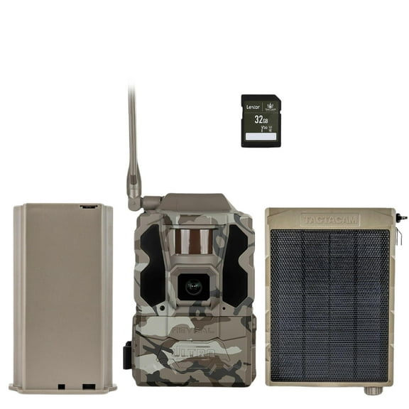 TACTACAM Reveal Ultra Cellular Trail Camera  4K Photo, 1080P Video, Live Streaming, GPS, Low-Glow/No-Glow Flash, LTE  Includes Solar Panel, Lipo Lithium Battery Pack, & 32GB SD Card