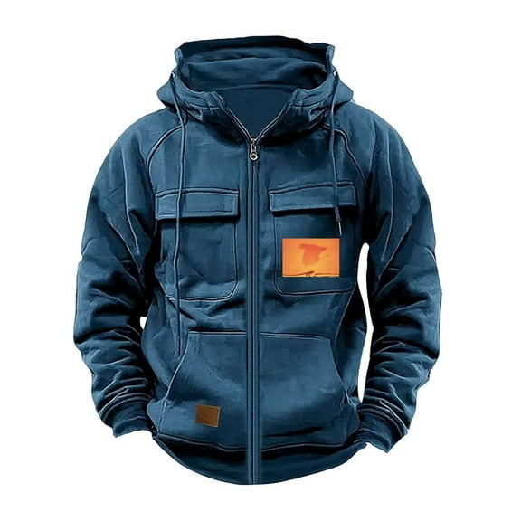 QTBIUQ Men Hooded Solid Color Hoodie Casual Sports Multi Pocket Leather Hooded Hoodie Jacket Men Hooded Hoodie Navy