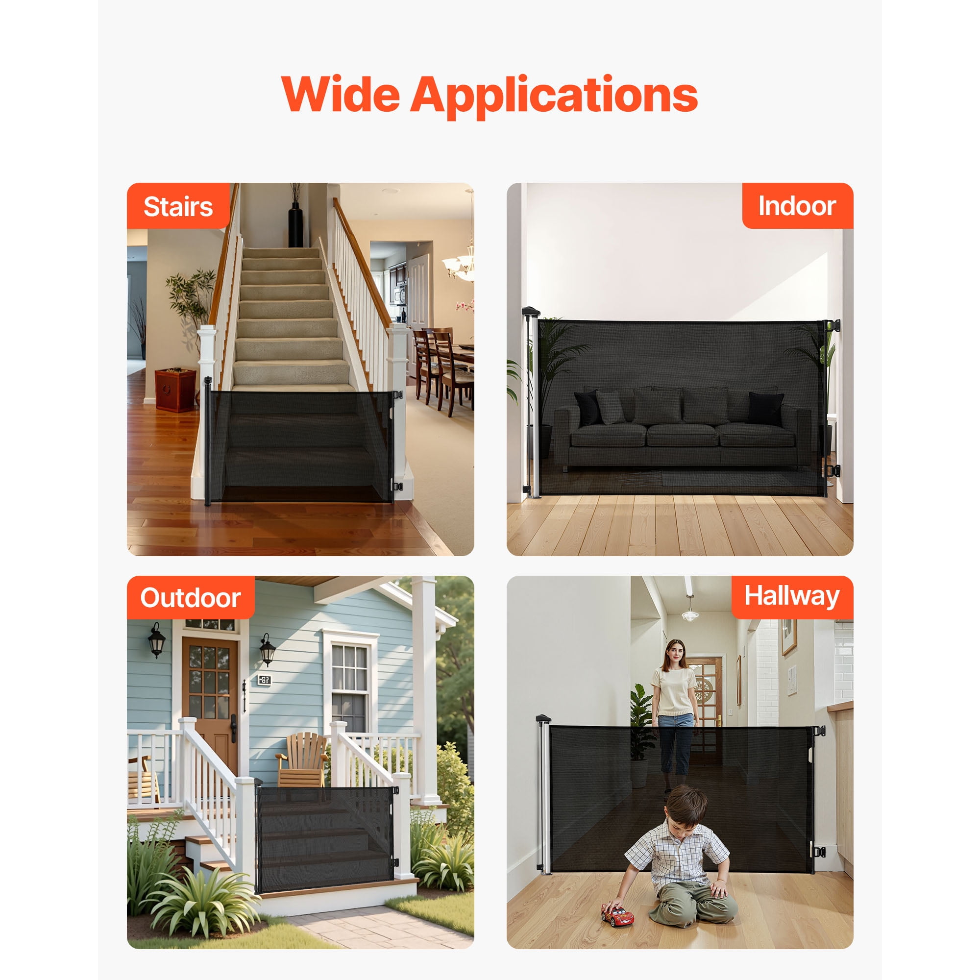 KFFKFF Retractable Baby Gate, Adjustable Width up to 57 inches, Height 38.5 inches, Features Safety Lock, Convenient Design for Easy Passage, Mesh Barrier for Pets and Kids, Suitable for Stairs