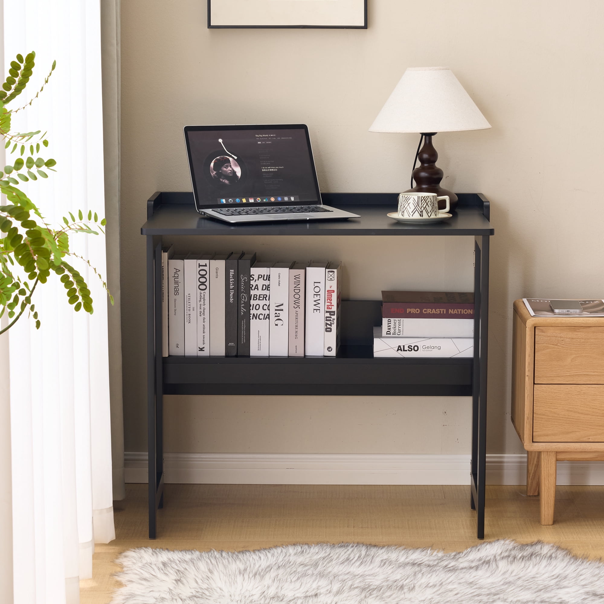 32.6“ Foldable Computer Desk for Small Spaces,Folding Table with Storage Shelf,Small Writing Desk for Bedroom Home Office Dorm and Apartment,Black