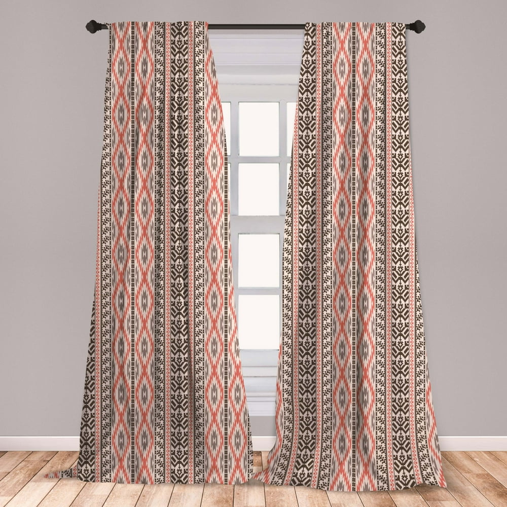 Southwestern Curtains 2 Panels Set, Traditional Vertical Borders Inspired by Primitive Art Ikat