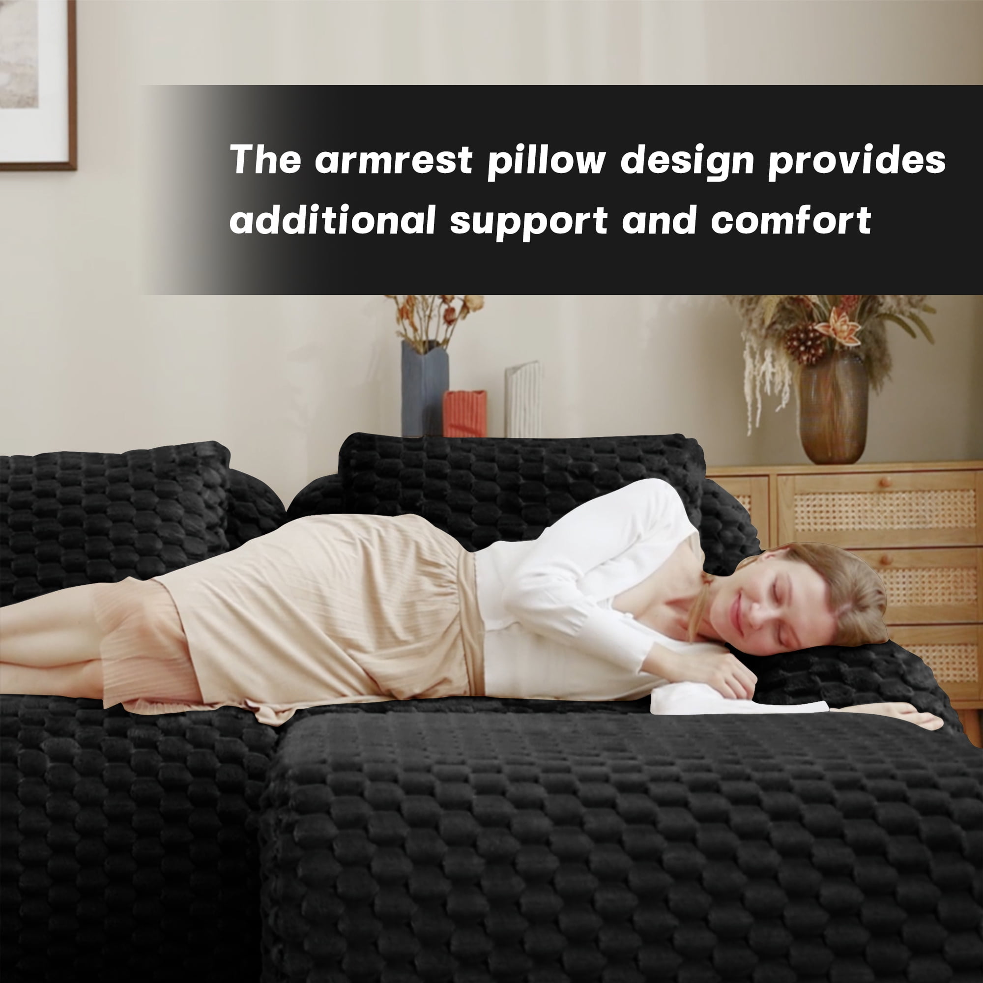 Aukfa 115" Overstuffed Cloud Sectional Sofa U shape Modular Boneless Couch for Living Room, 3 Pillows, Flannel, Black