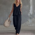thumbnail image 4 of Women's 2 Piece Outfits Lounge Sets Women's Summer Solid Color V-Neck Shirt Top With Pocket Casual Shorts Set Dark Blue M, 4 of 6