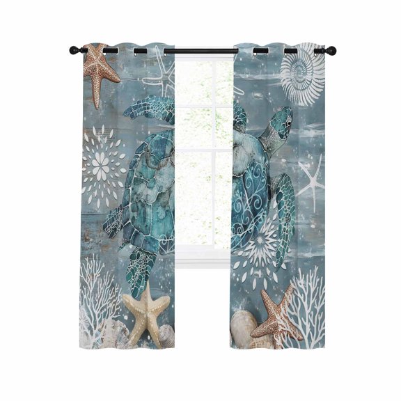 Coastal Turtle Blackout Curtains 54 Inches Long for Bedroom, Summer Nautical Teal Beach Starfish Coral Thermal Insulated Room Darkening Black Out Window Curtain Panels Grommet Drapes for Living Room