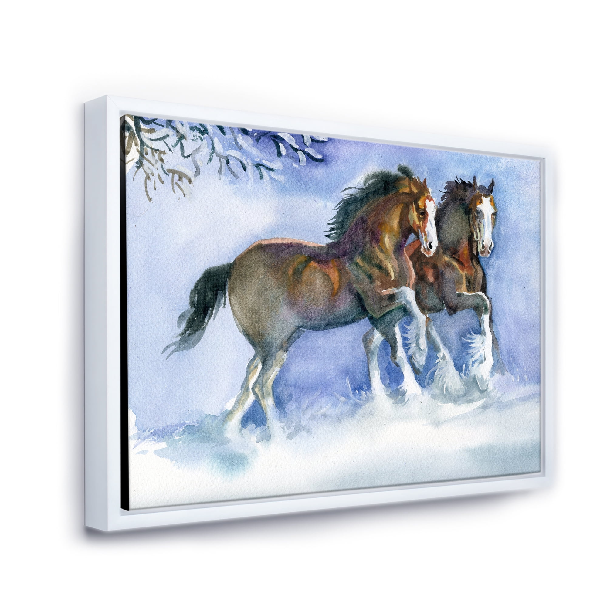 Designart 'Horses Running In Winter On Blue' Farmhouse Framed Canvas Wall Art Print