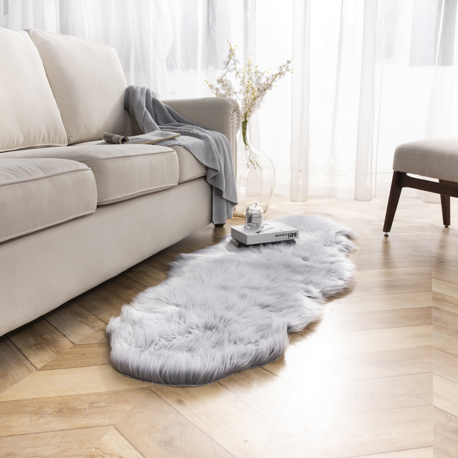 Deluxe Ultra Soft Faux Sheepskin Fur Series Fluffy Decorative Indoor Shag Area Rug, 2 x 6 Feet, Gray and White, 1 Pack