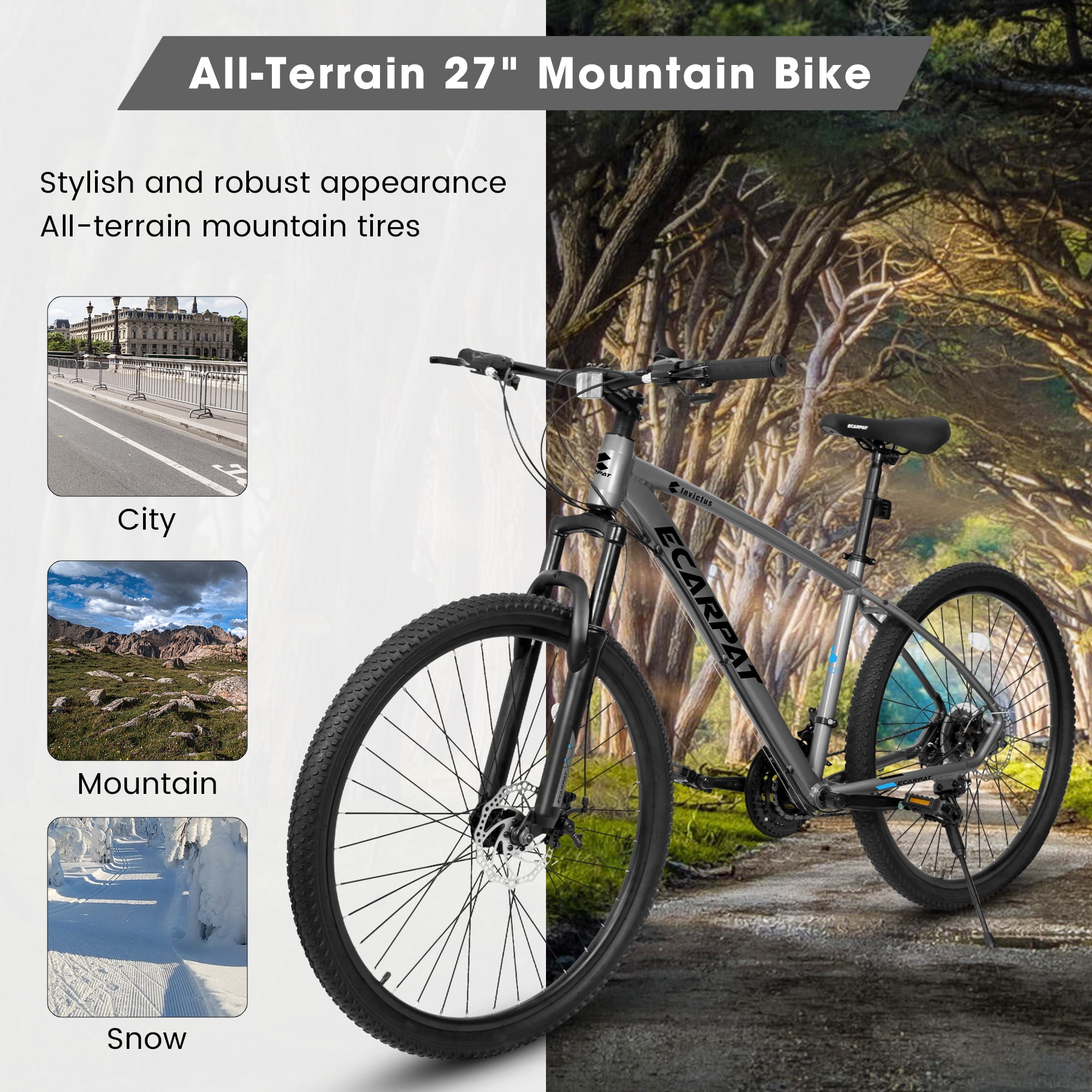 27" Lightweight Aluminum Mountain Bike, 21-Speed with Front Suspension - Grey