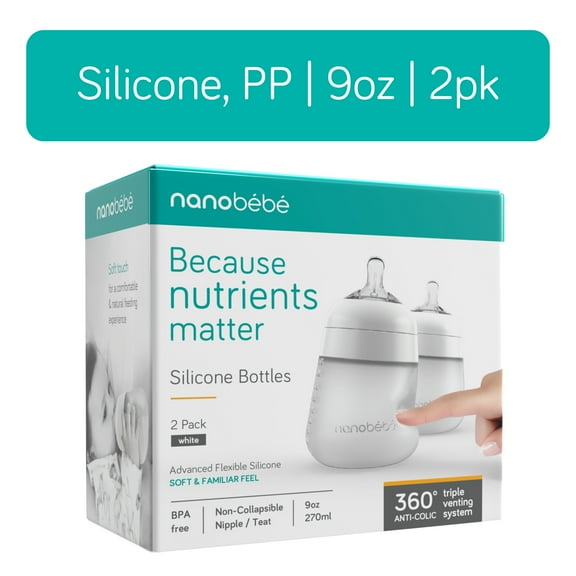 Nanobebe Anti-Colic Flexy Silicone Baby Bottles | White, 9 oz, 2 Pack