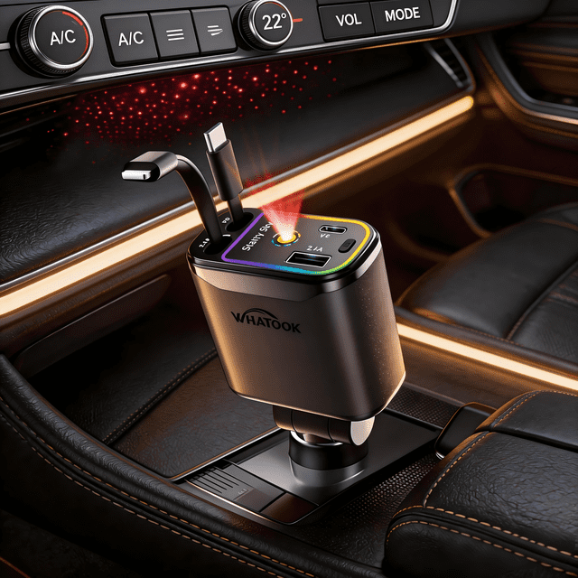 Kidsjoy 66W Fast Car Charger (Black) - 1 USB-C + 1 USB-A Ports with 2 Retractable Cables, Universal 12V/24V Adapter, LED Display, Great Gift Idea