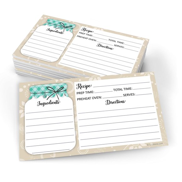 321Done Tarjetas De Recetas De Tarro De Masón Pequeñas (Juego De 50) 3" X 5" De Doble Cara Premium - Hecho En Ee. Uu. - Notas Rústicas De Color Verde Azulado Y Tostado Para Bodas