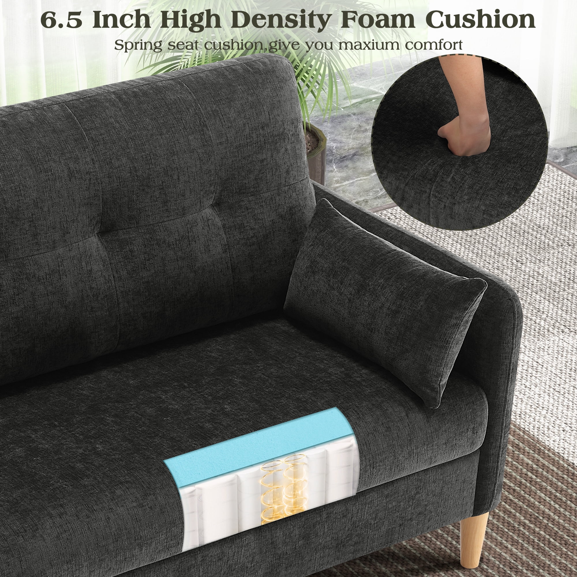 BedLuxury 47'' Wide LoveSeat, 2-seat Chenille sofa with 2 Pillows for Living Room and Small Spaces, Dark Grey