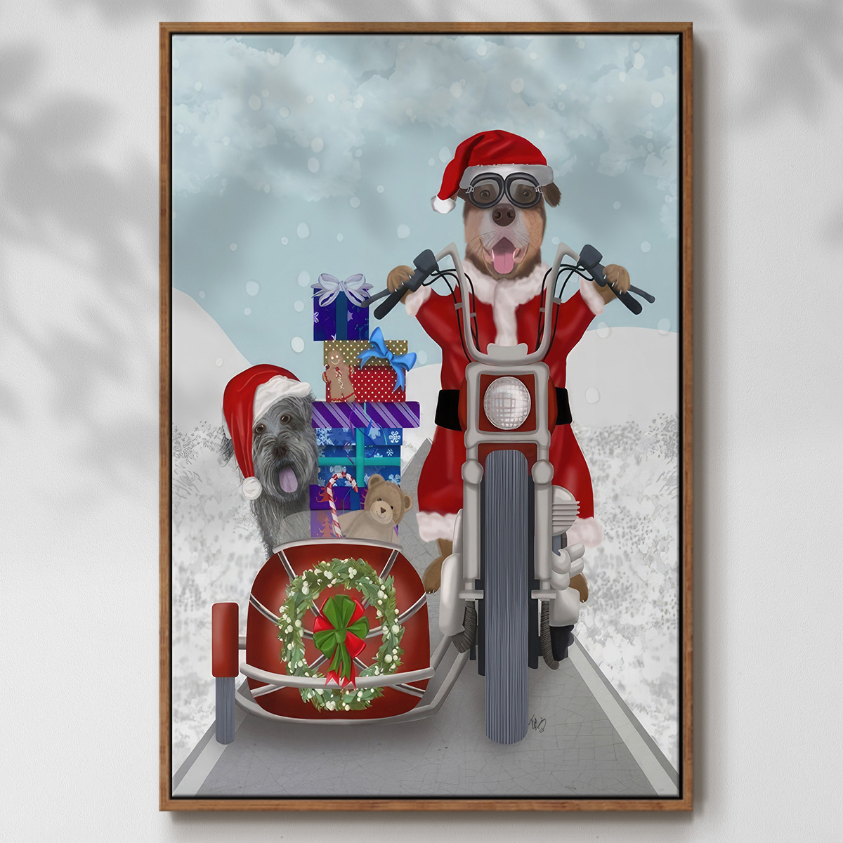 Christmas Mutts Christmas Chopper - Framed Gallery Wrapped Holiday Canvas - 25 x 37 - Rosewood Frame