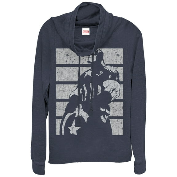 Junior's Marvel Captain America Profile Cowl Neck Sweatshirt Navy Blue X Large
