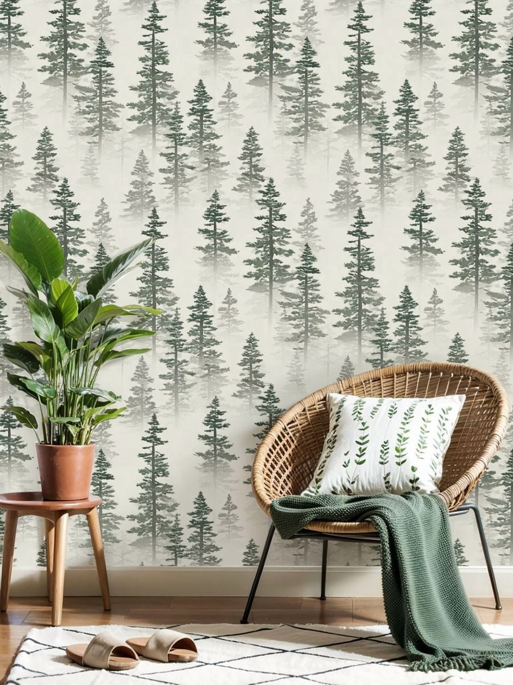 Woodland Peel and Stick Wallpaper 23.6in x 9.8ft Pine Forest Misty Evergreen Trees Soft Contact Paper Vinyl Waterproof Self Adhesive Wall Paper for Bedroom Shelf Cabinet Renter Friendly