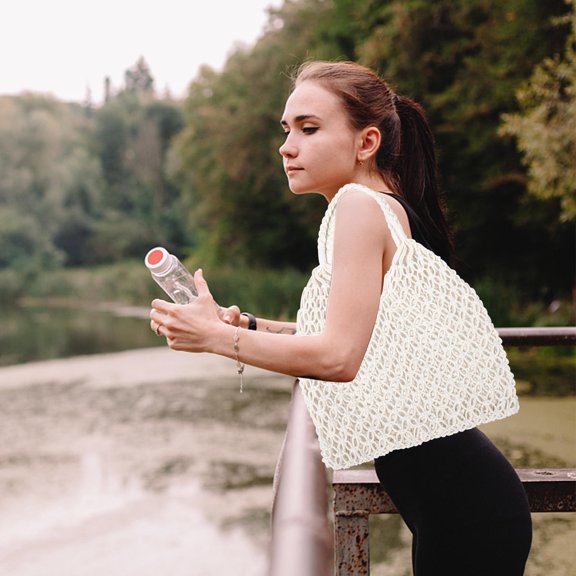 GOOHOCHY  Mesh Bag Knitted Woven Beach with Zip Macrame Crochet White