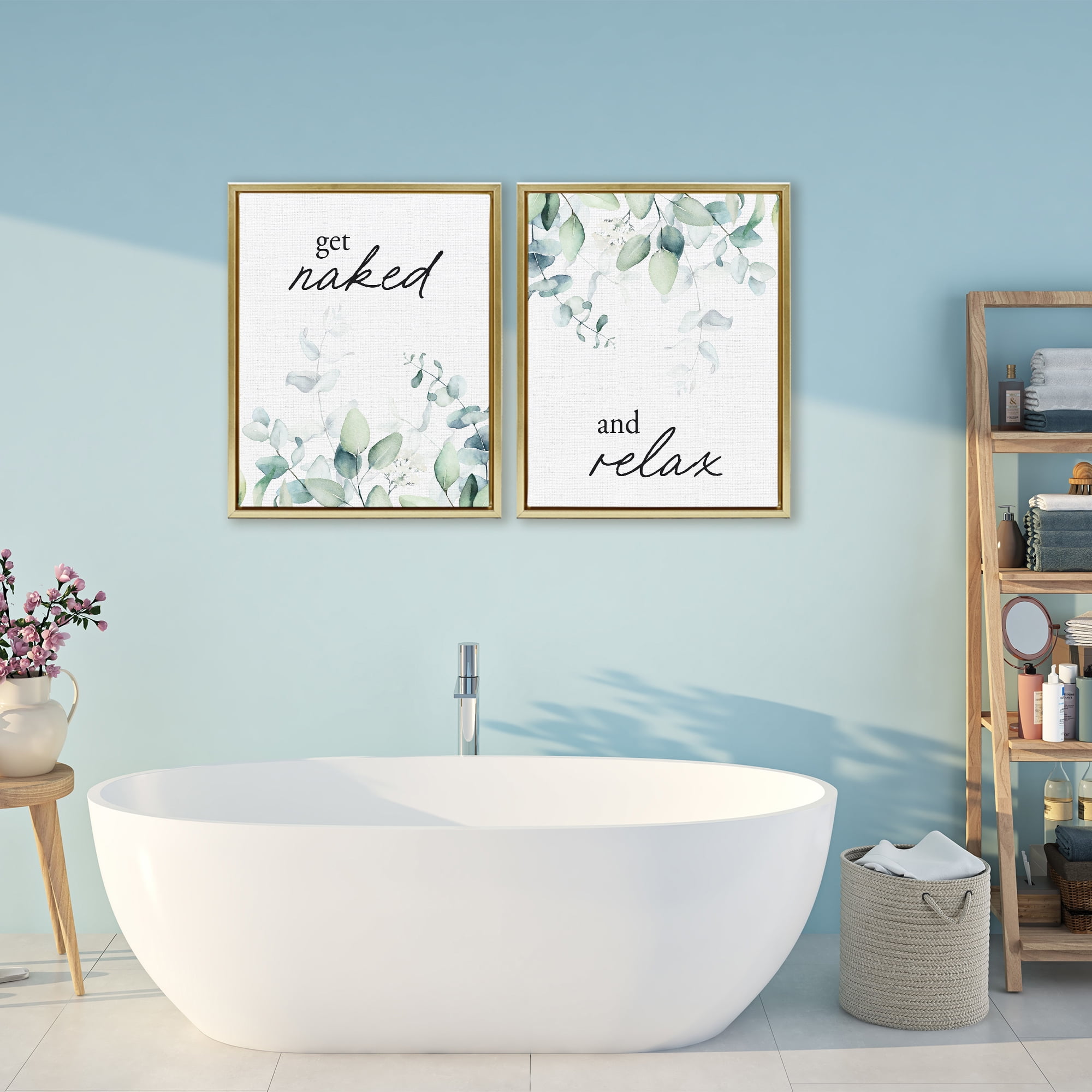 Get Naked & Relax Herbs 2 Piece Gold Framed Floater Canvas Set, design by Lettered and Lined