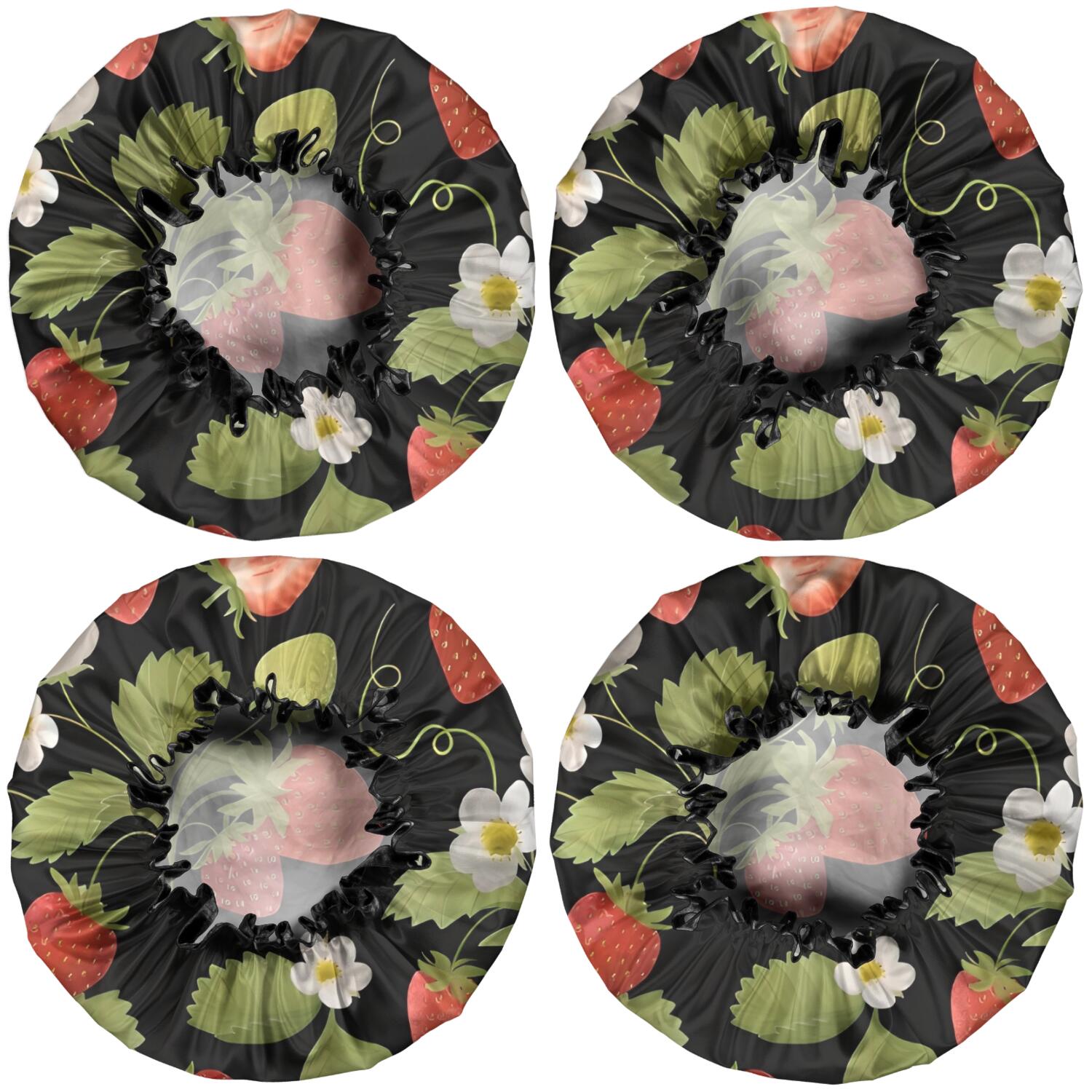 Shower Caps,Red Strawberry Plants Fruit Leaf Black Pattern Waterproof Shower Cap for Women 4 Pieces,Double Reusable Hair Cover for Shower PEVA Elastic Stretch Hem