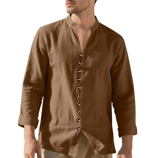 pstuiky camisa de manga larga para hombre, Camisas de lino para hombre, informales, de manga larga, con botones y cuello alto camisetas de hombre xxl
