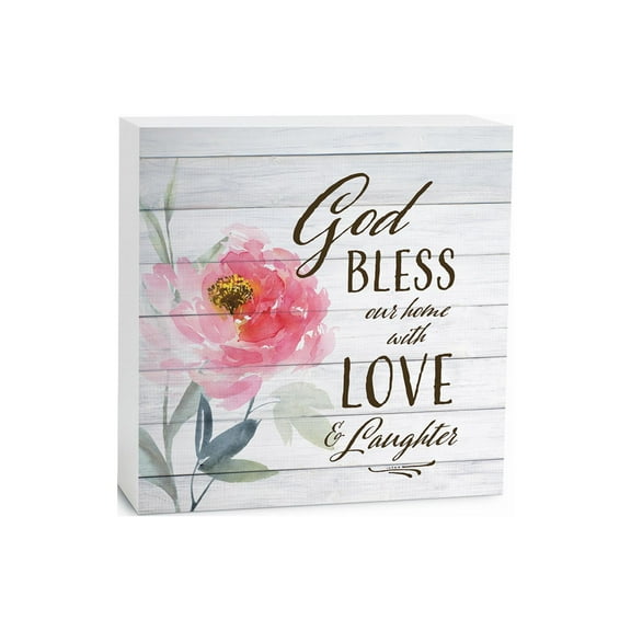 Bless Home Love Laughter Pink Floral 5 x 5 Wood Tabletop Sign Plaque