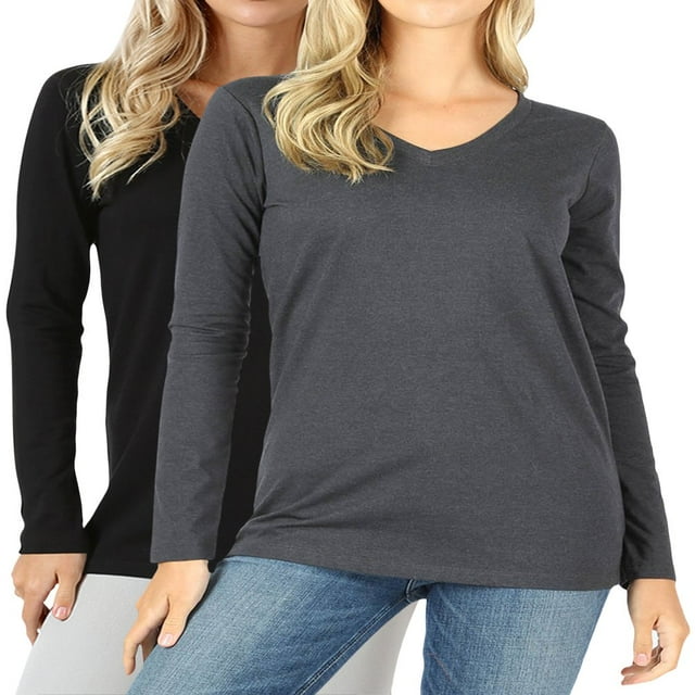 CHUANK Femmes et Grande Taille T-shirt de Base en Coton Coupe Décontractée Col en V Manches Longues Uni Actif Décontracté (S-3X)