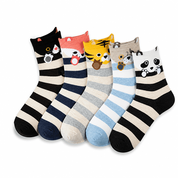 FLORNIX Socks for Men Size 13-15 Cotton Animal Themed Socks Five Pairs Set Cute Stripe Daily Socks