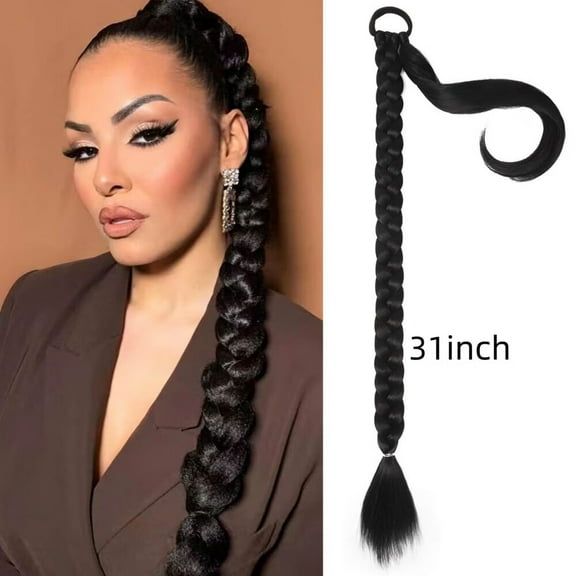 31 inch Long Braided Ponytail Extensions for Women,Straight Wrap Around Hair Extensions With Hair Tie,Natural Soft DIY Synthetic Ponytail Daily Wear (Natural Black)