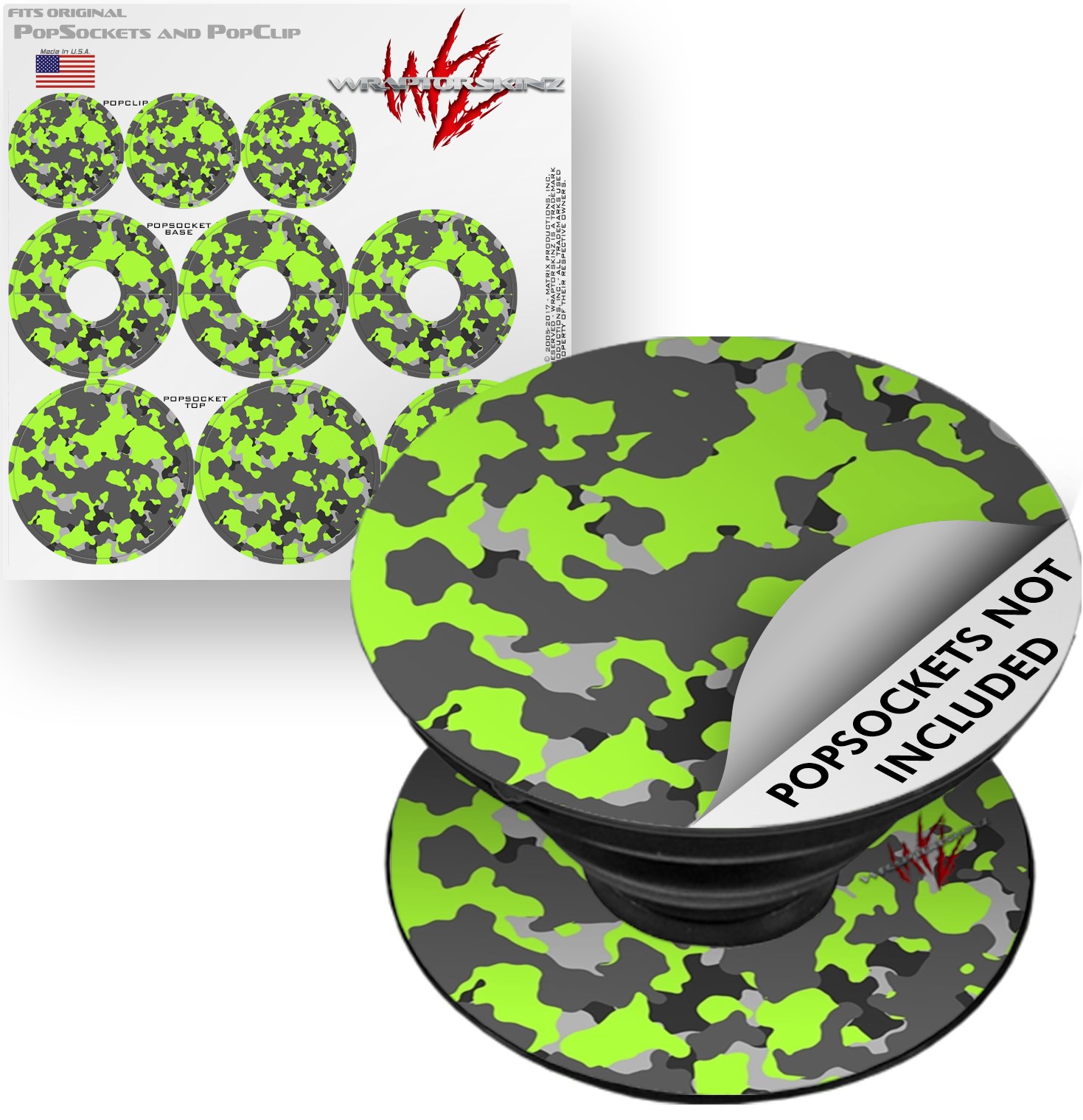 Decal Style Vinyl Skin Wrap 3 Pack for PopSockets WraptorCamo Old School Camouflage Camo Lime Green (POPSOCKET NOT INCLUDED) by WraptorSkinz