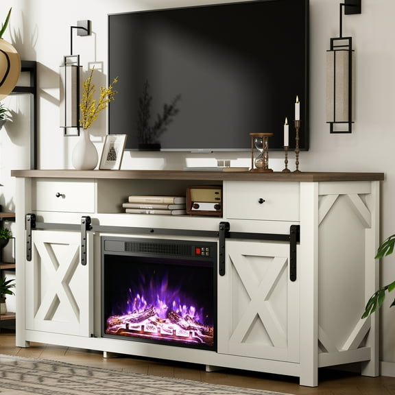 Pamapic 59" Sliding Diamond Door Fireplace TV Stand for TVs up to 65" with 23" Electric Fireplace Included