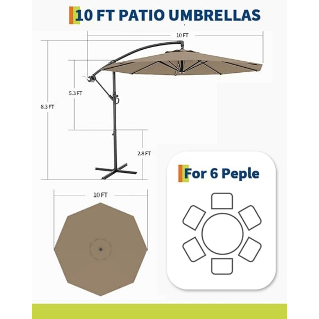 10FT Cantilever Patio Umbrella with Heavy-Duty Cross Base, Outdoor Offset Market Umbrella with Infinite Tilt & Easy Crank Lift – Waterproof, UV-Resistant, Wind-Resistant, Sturdy Aluminum Pole