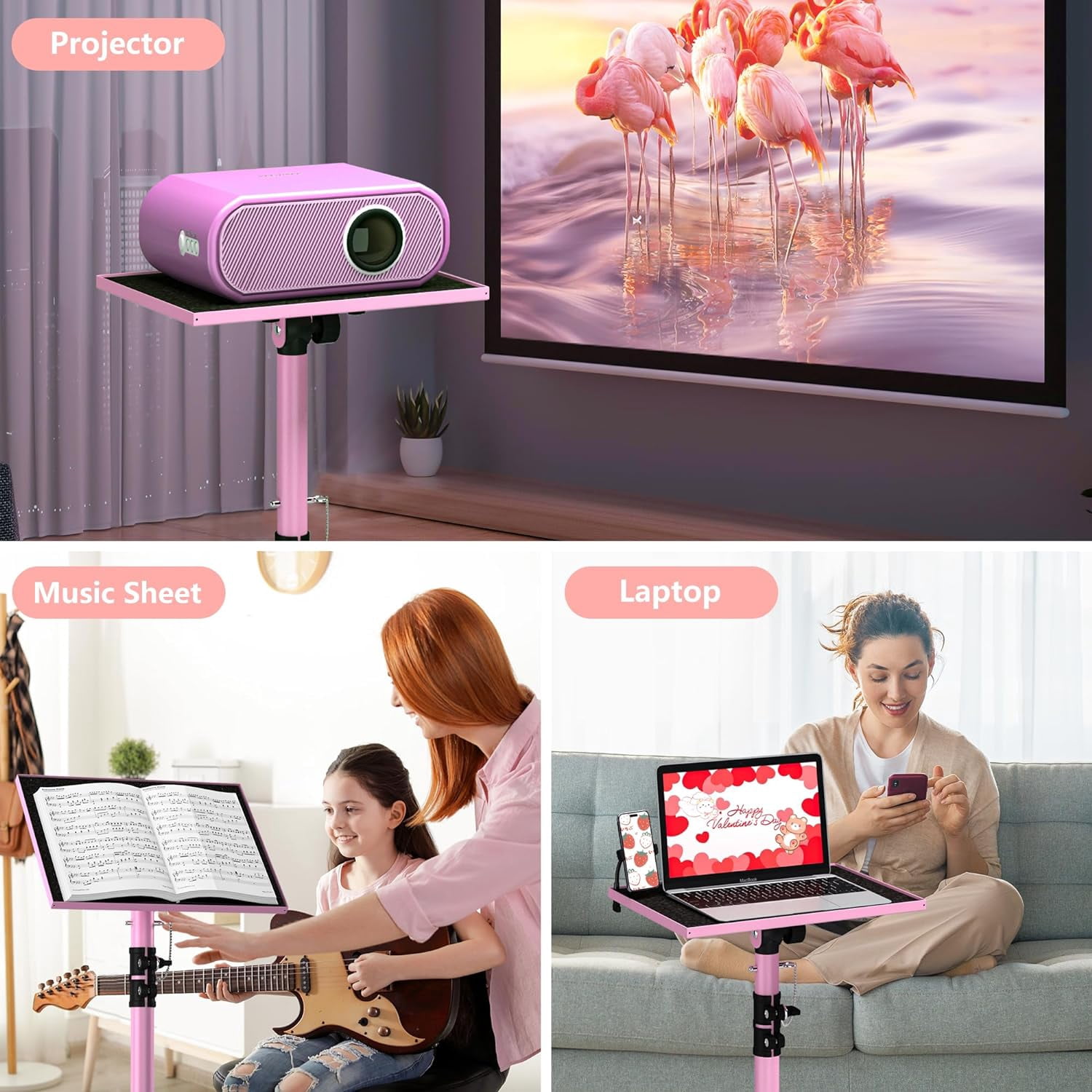 Projector Stand Tripod, Laptop Tripod Stand Adjustable Height from 23.5 to 63.5 inches with Gooseneck Phone Holder, Laptop Floor Stand for Office, Home, Stage, Studio, DJ Racks Holder Mount,Pink