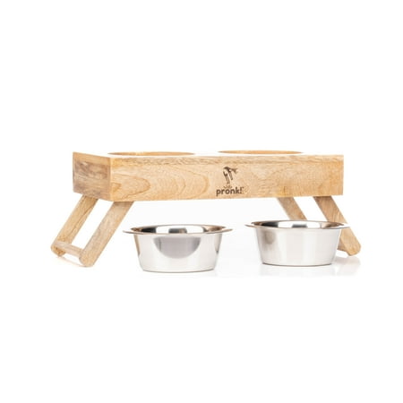 UPC: 0810058051370 | Pronk! Natural Brown Medium 15.5 x 6.5 Inch Wood Adjustable Water & Pet Food Feeder