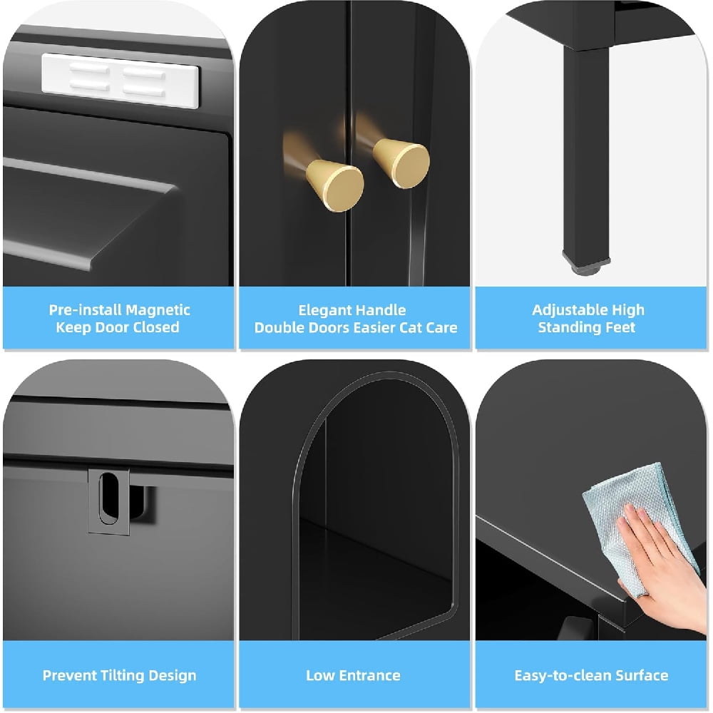 Metal Cat Litter Box Furniture with Barn Door, Fits Most Litter Boxes, Black, Assembly Required