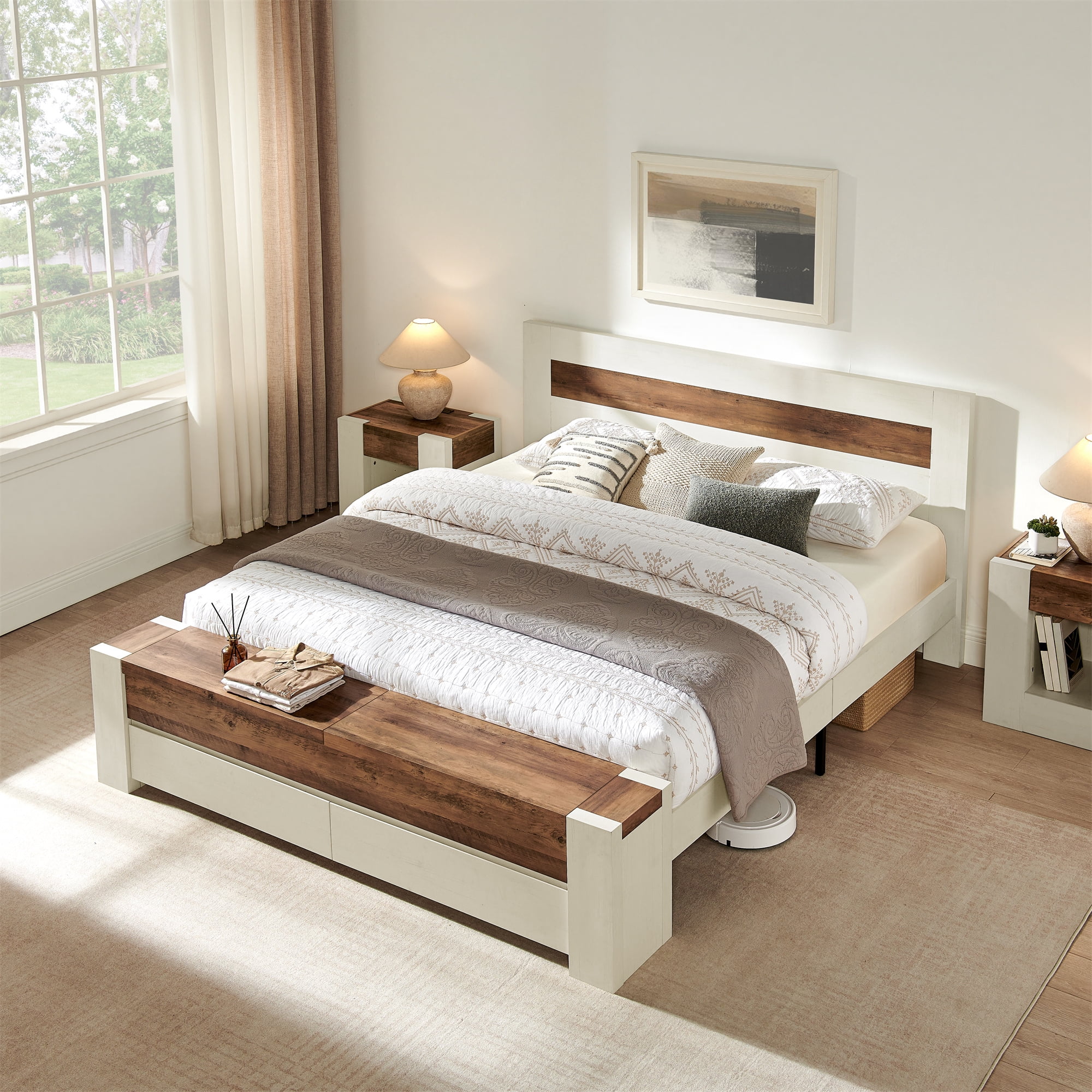 KeyWhat Modern King Size Storage Bed Frame with Panel Headboard, Footboard Storage Bench, Built-In Drawers, Lift-Up Compartments, No Box Spring Needed, Antique White