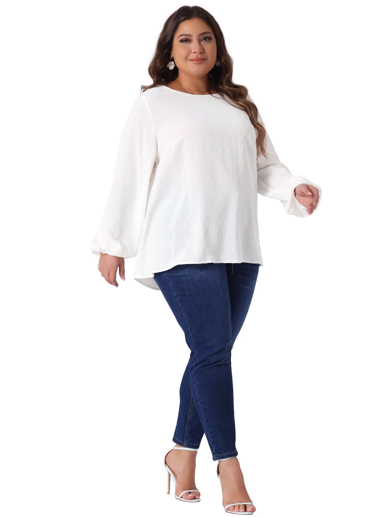 DARING DIVA Women's Plus Crewneck Chiffon Swiss Dots Shirts Top 4X White
