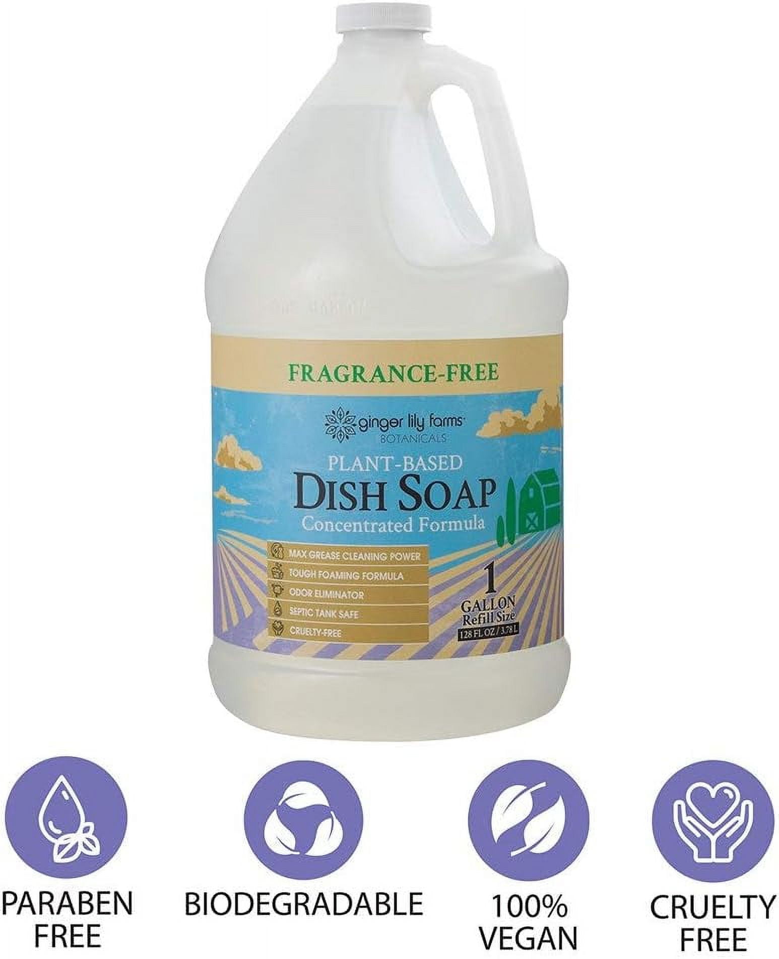 Botanicals Plant-Based Liquid Dish Soap, Concentrated Formula with Max Grease Cleaning Power, Cruelty-Free, Fragrance-Free, 1 Gallon Refill (128 Fl. Oz.), Clear