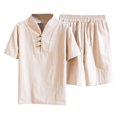 thumbnail image 2 of Summer Savings Clearance! Edvintorg Men Short Sets Outfits 2 Piece Plus Size Men's Clothing Solid Color Casual V-Neck Beach Drawstring Short Sleeve Shirt Shorts Set Vacation Outfits Khaki XXXXXL, 2 of 5