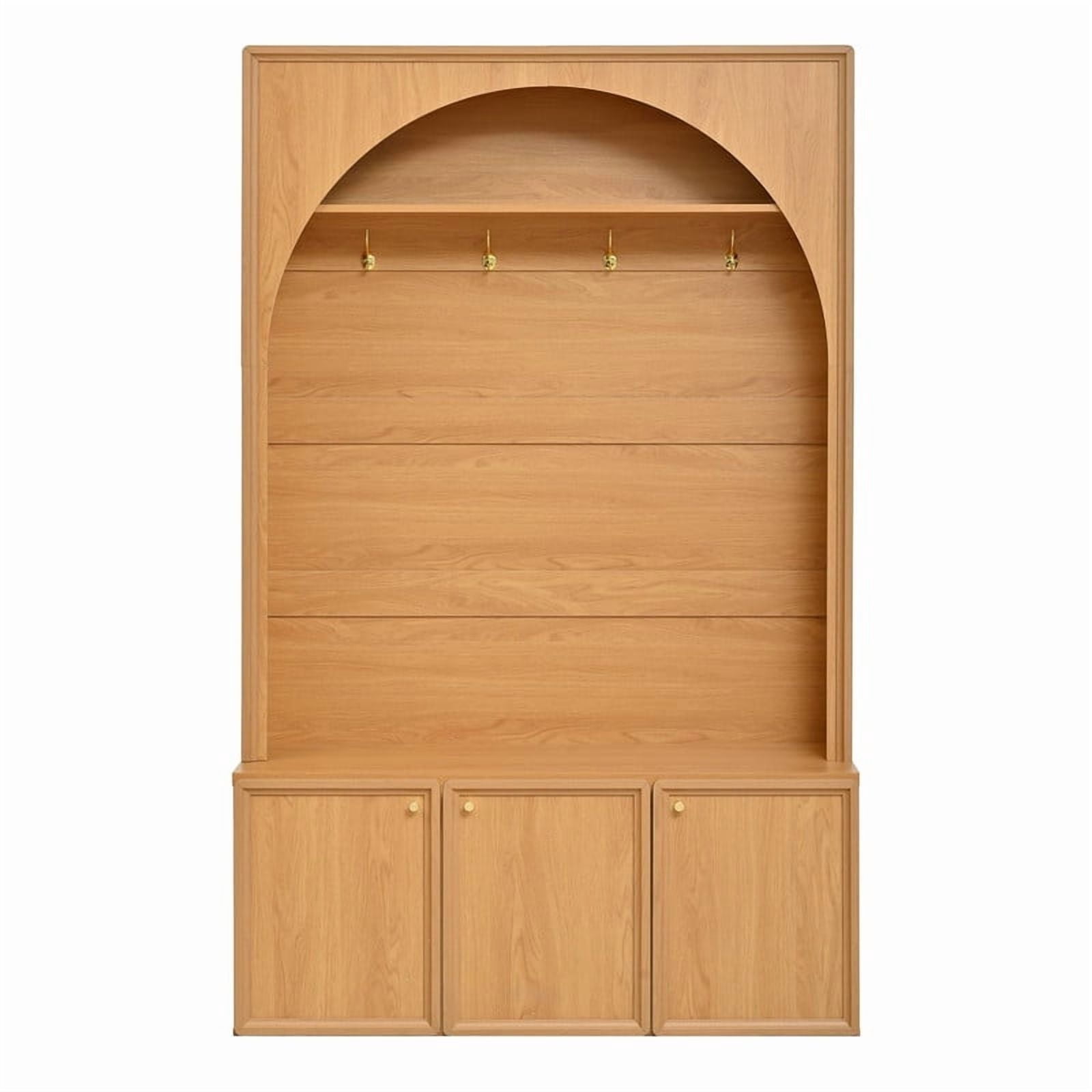 Farmhouse Arched Design Hall Tree with Adjustable Shelves, Entryway Storage Bench with 3 Cabinets, Mudroom Coat Rack Organizer with 4 Golden Hooks