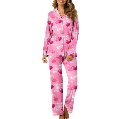 Women s Valentine s Day Heart Print Pajama Set Long Sleeve Button Down Sleepwear Red S