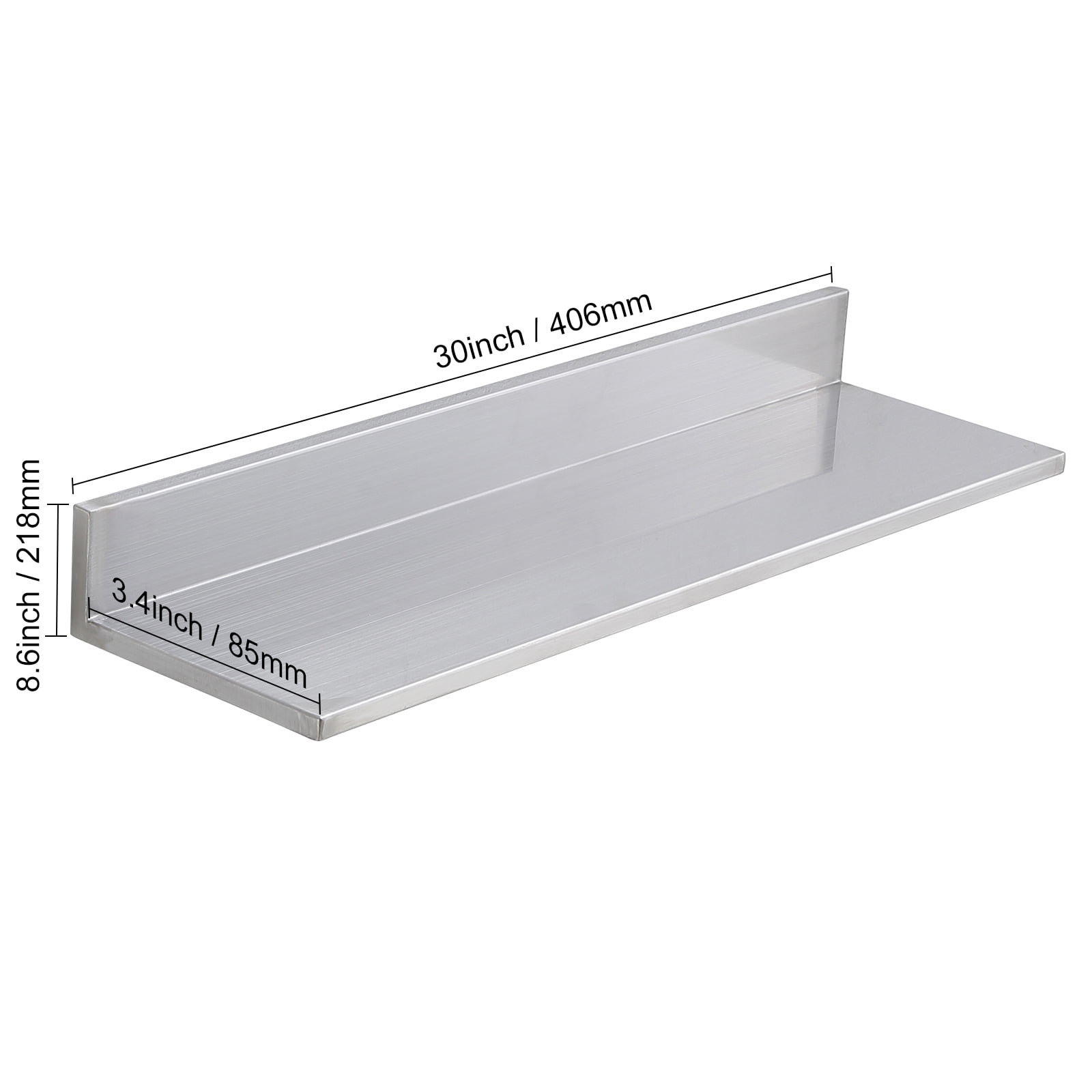 KFFKFF 8.6" x 30" Stainless Steel Wall Shelf, Floating Shelf with Backsplash, 44 lbs Load Capacity, Durable Storage Rack for Kitchens, Restaurants, Bars, Homes, and Hotels