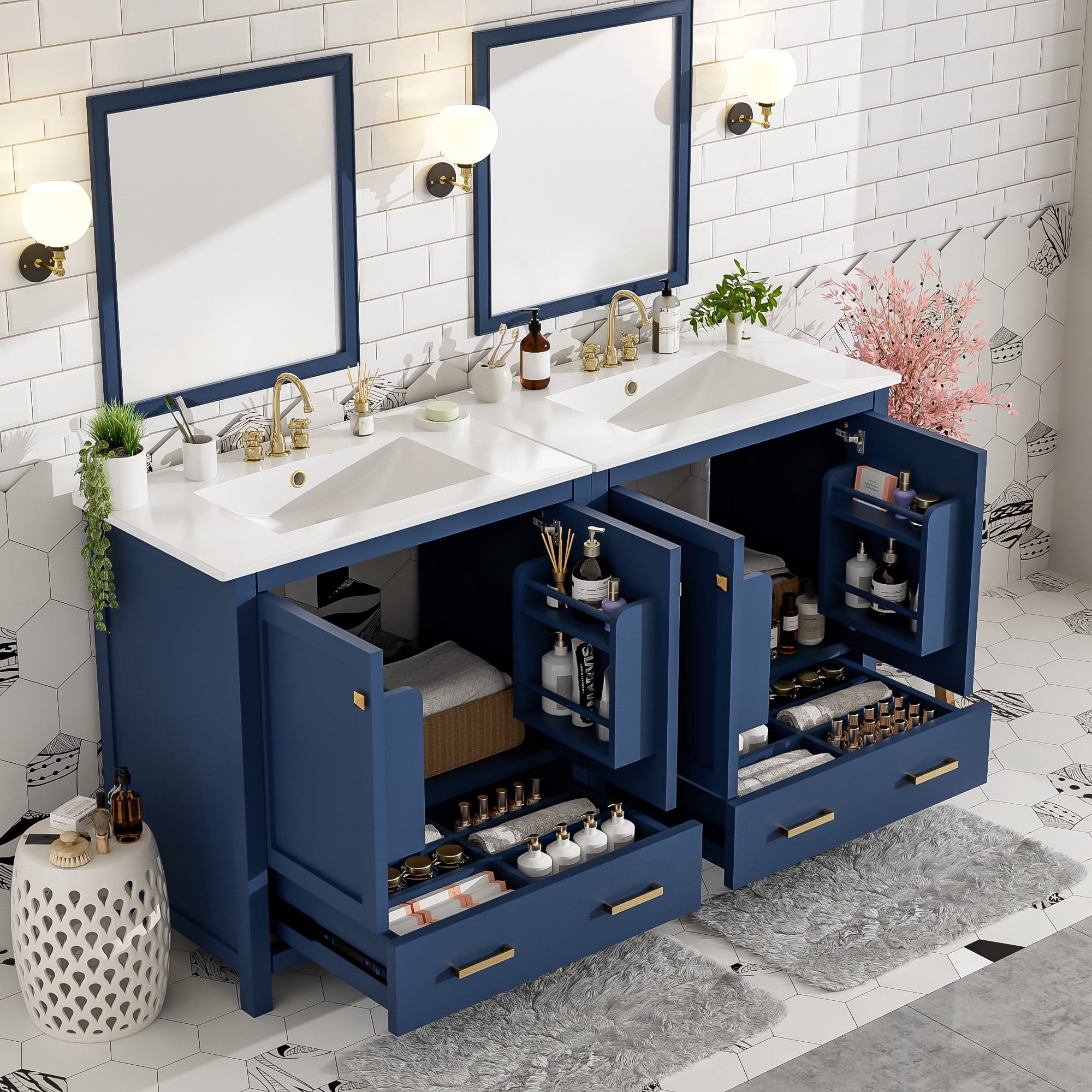 Euroco 60" Blue Bathroom Vanity Set with Double Vanities (Separate), Double Ceramic Sinks, Storage Shelf, and Divided Drawers (Mirror not included)– Modern Bathroom Solution for Spacious Bathrooms