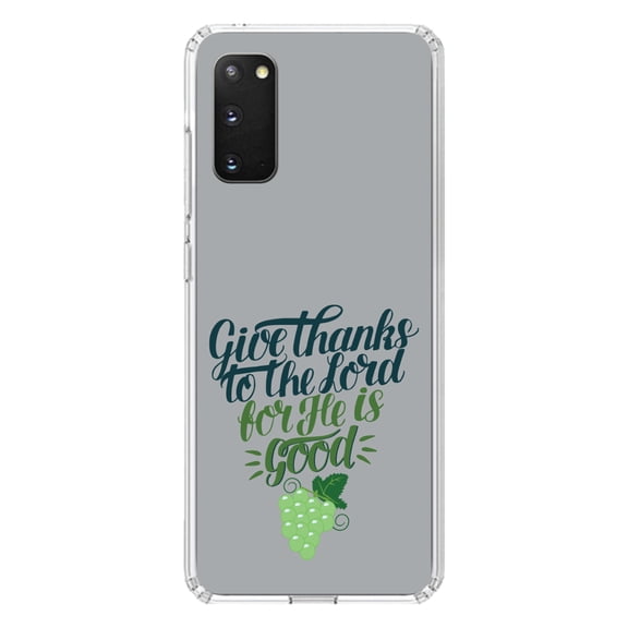 DistinctInk Clear Shockproof Hybrid Case for Galaxy S20 / S20 5G (6.2" Screen) - TPU Bumper, Acrylic Back, Tempered Glass Screen Protector - Give Thanks to the Lord For He Is Good - Grapes