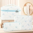 thumbnail image 5 of Rirool 3Pcs Quilted Cotton Makeup Bag Set, Travel Cosmetic Toiletry Bags with Zipper, Large Capacity Portable Storage Organizer Pouch for Women Girls, Floral Bow Design – Blue, 5 of 7