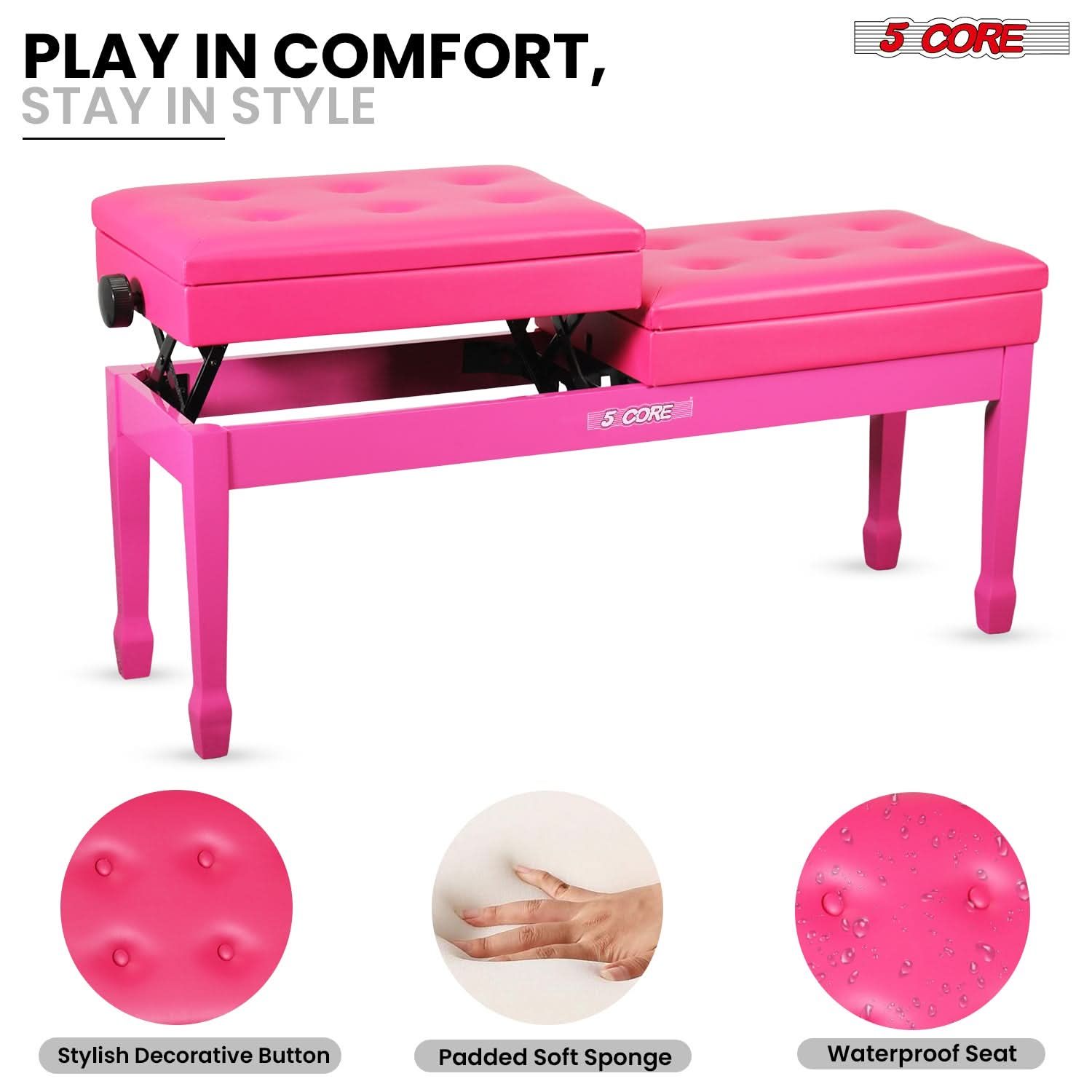Duet Piano Bench with Storage, Height Adjustable 19-23 Inch, 3.5" Thick Padded Stool, 441lbs Heavy Duty Solid Wood Musician Chair, Spill-Resistant Leather Seat for Double Keyboard, Easy Assembly