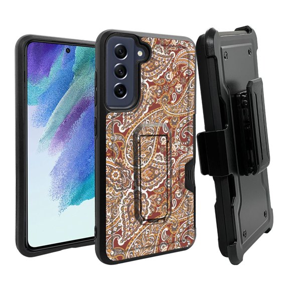 ANJ  Rugged Dual Layer Hybrid Holster Kickstand Case w/ Card Slot   Tempered Glass Cover for Samsung Galaxy S21 FE 5G - Classic Paisley 3