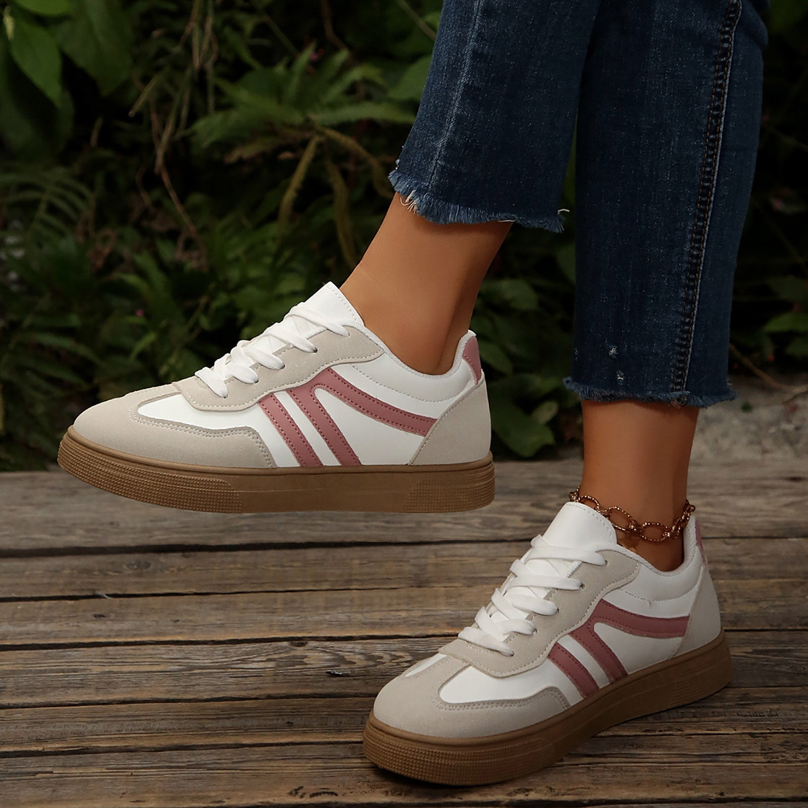 Flat Shoes for Women Vintage Classic Thick Sole Trainers Skate Shoes Splice Suede Lace up Antislip Walking Tennis Shoes Low Top Sneakers Beige Size 6.5