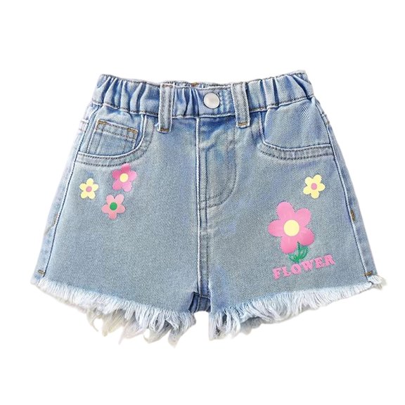 Whouriu Girls Summer Jean Shorts Flower Print Soft Lightweight Casual Shorts, Sizes 5-14