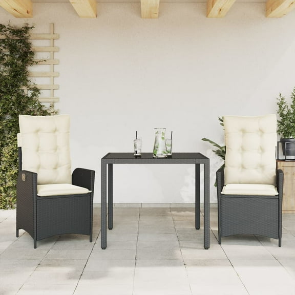 vidaXL 3 Piece Patio Dining Set with Cushions Black Poly Rattan